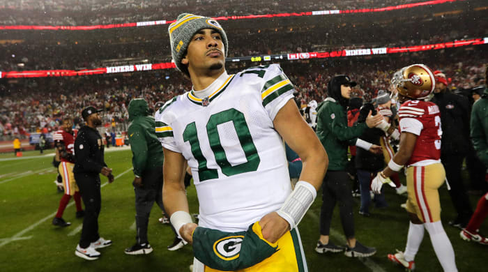 Green Bay Packers quarterback Jordan Love (10) leaves the field after losing to the San Francisco 49ers during their NFC divisional game.